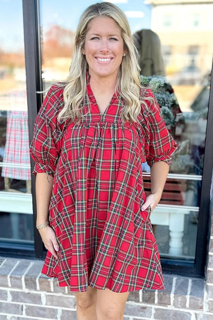 Red Holiday Plaid Split Neck Puff Sleeve Mini Dress