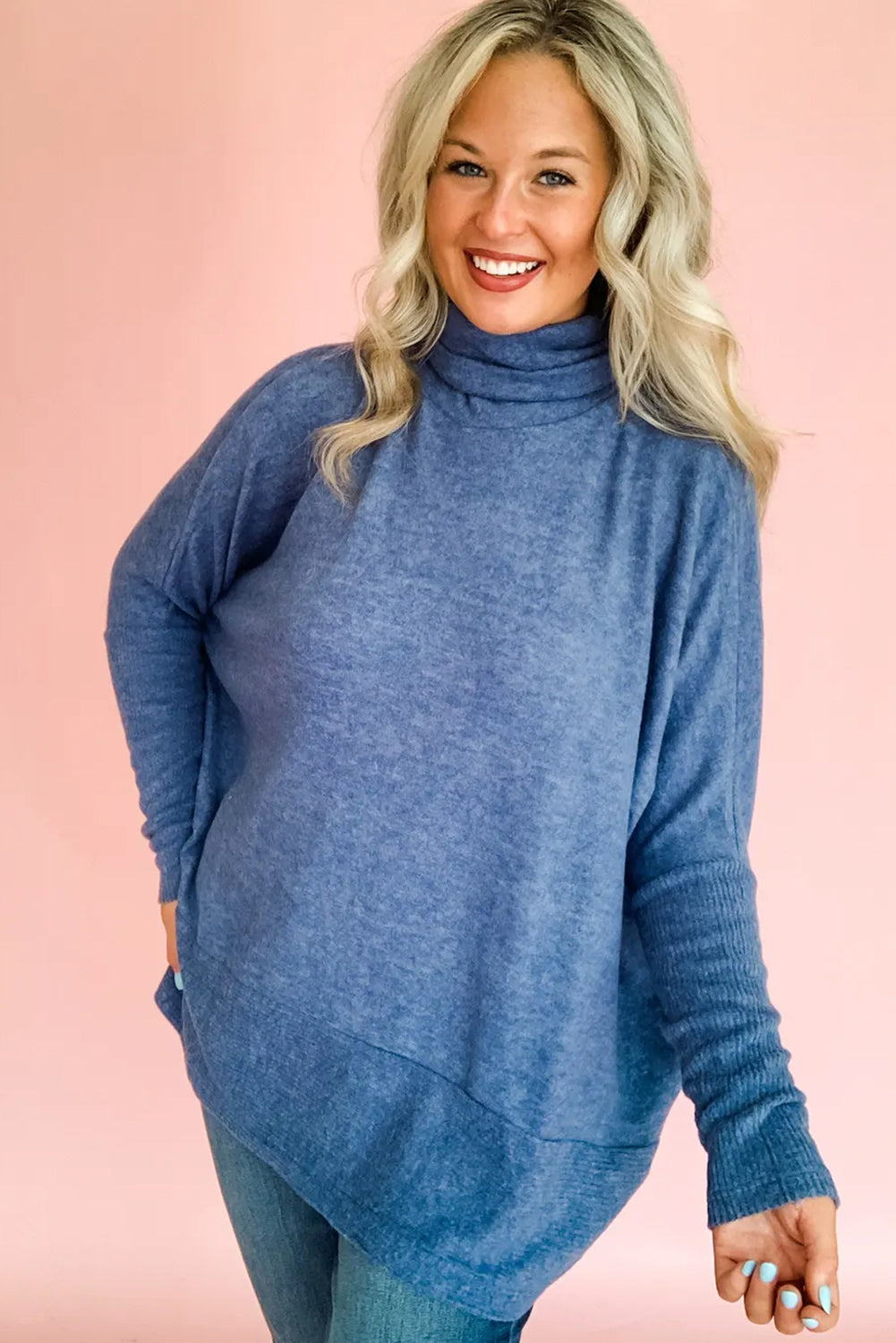 Sail Blue Solid Color Turtleneck Ribbed Patchwork Dolman Long Sleeve Top