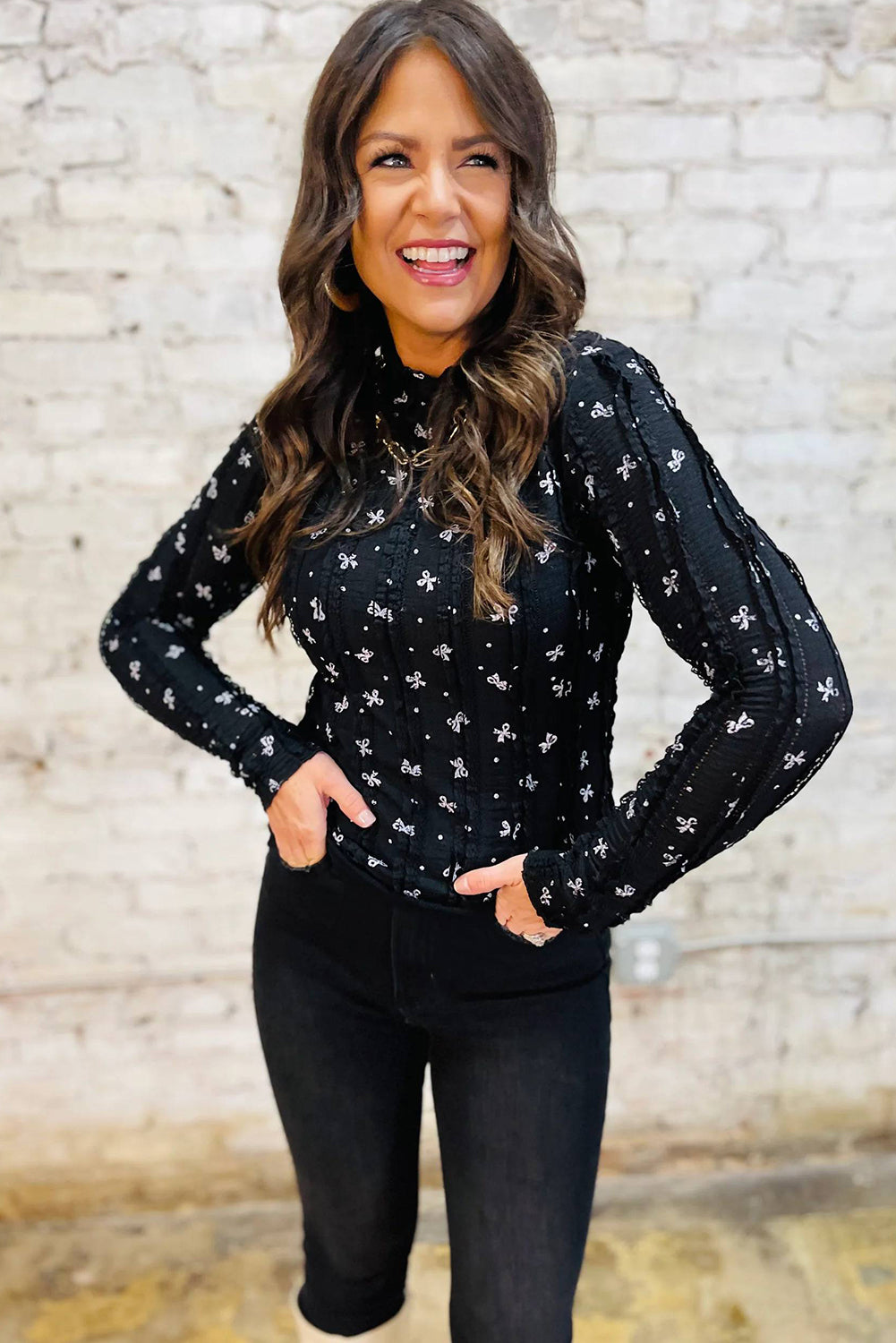 Black Bow Print Lace Detail Slim Long Sleeve Top