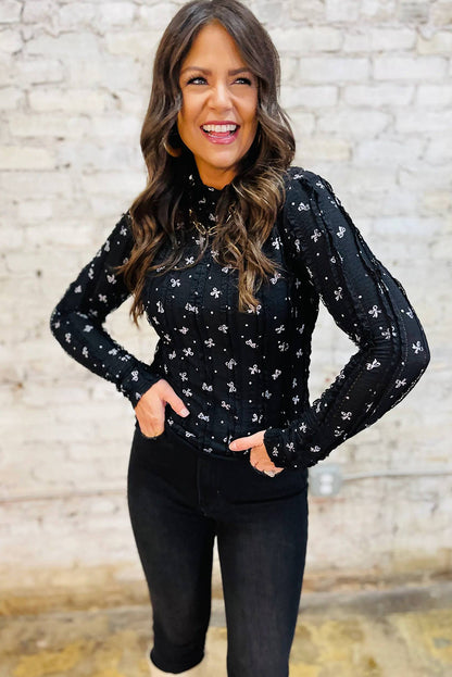 Black Bow Print Lace Detail Slim Long Sleeve Top