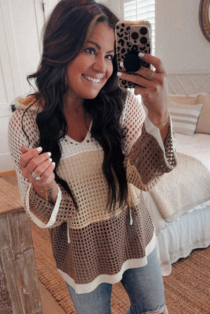Brown Color Block Hollow Out Knit Loose Hooded Sweater