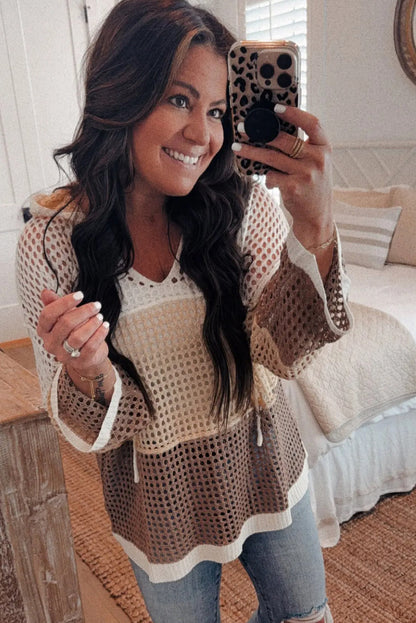 Brown Color Block Hollow Out Knit Loose Hooded Sweater