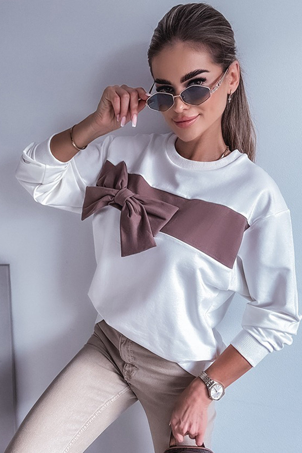 White Color Block Ribbon Bow Patchwork Crew Neck Sweatshirt