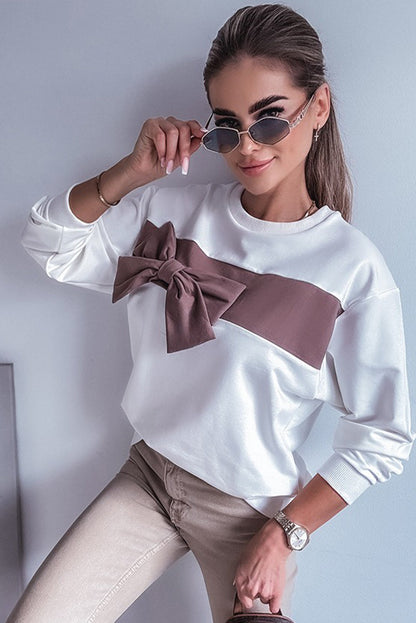 White Color Block Ribbon Bow Patchwork Crew Neck Sweatshirt