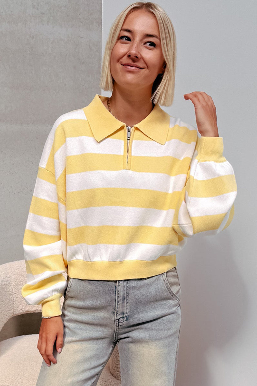 Yellow Stripe Collar Zipped Drop Shoulder Casual Sweater