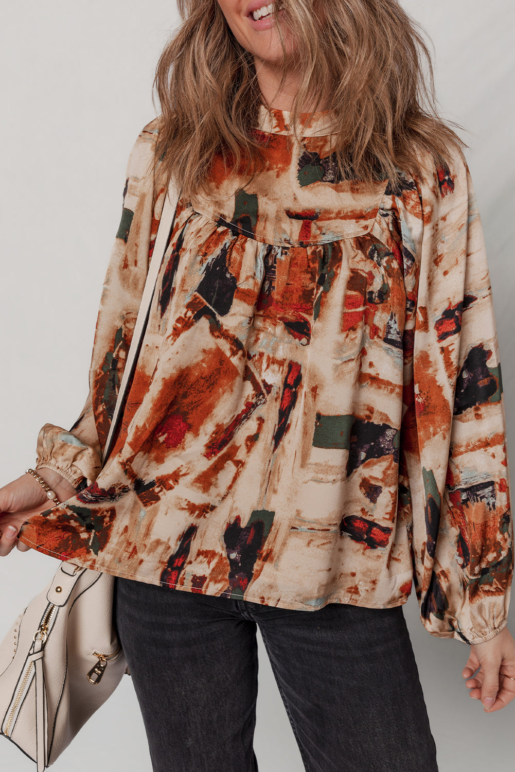 Multicolour Retro Abstract Print Zip Back Long Puff Sleeve Blouse