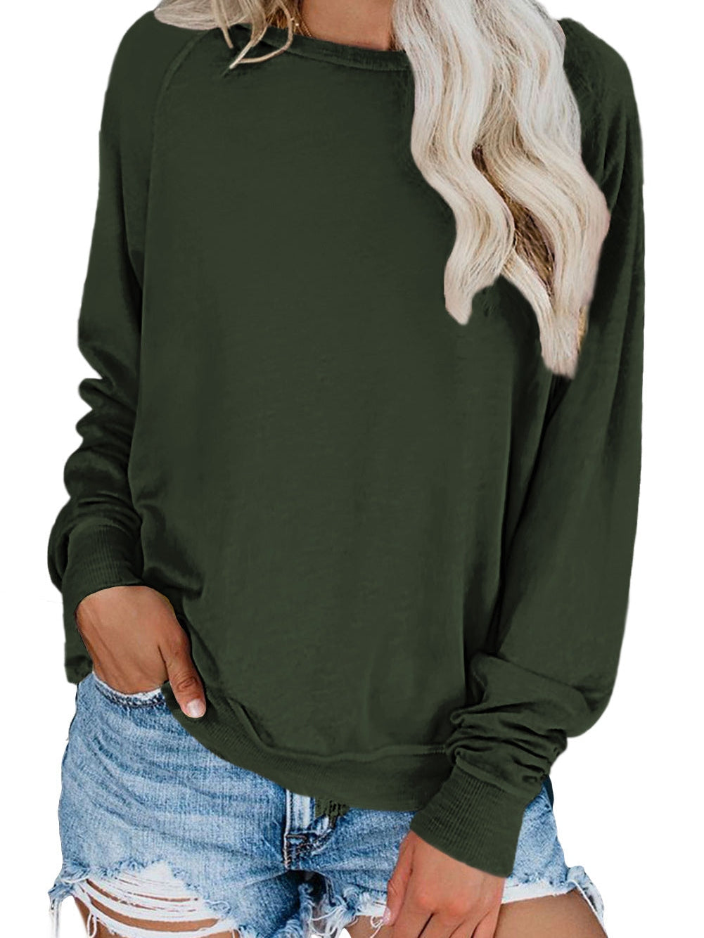 Green Crew Neck Long Sleeve Sweatshirt with Distressed Detail