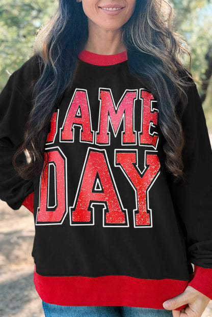 Black GAME DAY Letter Graphic Varsity Striped Detail Baggy Sweatshirt