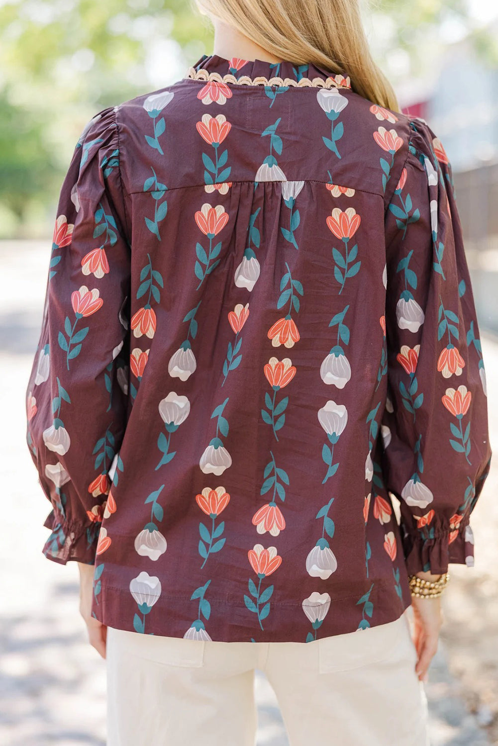 Brown Floral Print Frilled Ricrac Trim Collar Long Sleeve Shirt