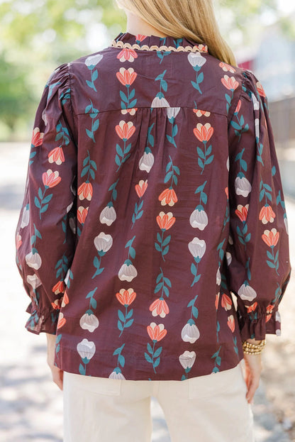 Brown Floral Print Frilled Ricrac Trim Collar Long Sleeve Shirt