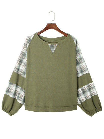 Green Plaid Bubble Sleeve Waffle Knit Patchwork Top