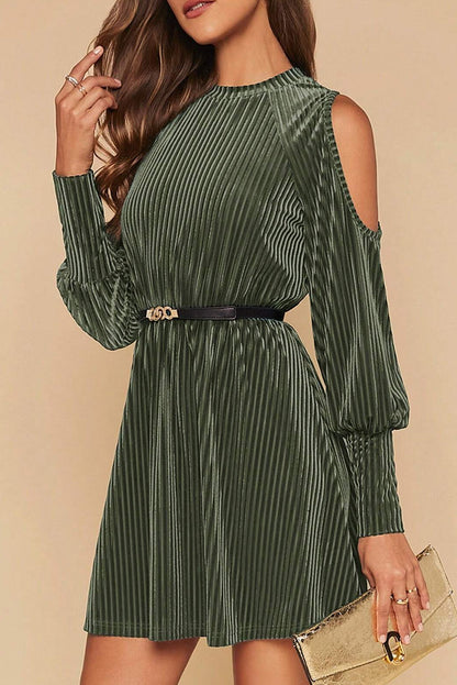 Mist Green Velvet Textured Cold Shoulder Bishop Sleeve Flared Mini Dress