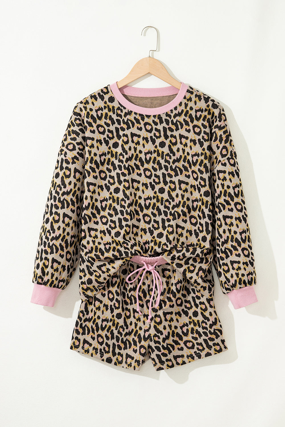 Pink Leopard Print Contrast Edge Long Sleeve Pullover Shorts Set