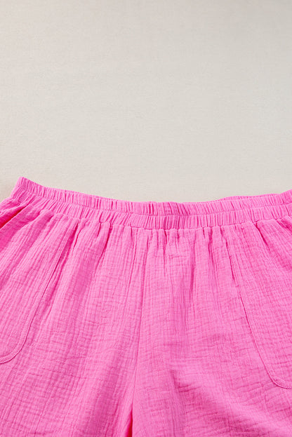 Rose Red Plus Size Color Block Lounge Set with Crinkle Texture