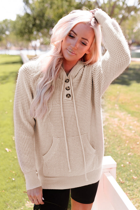 Apricot Hooded Waffle Knit Sweater with Button-Up Front Pocket