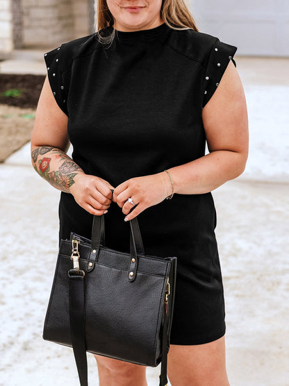 Black Studded Cap Sleeve Plus Size T-shirt Dress
