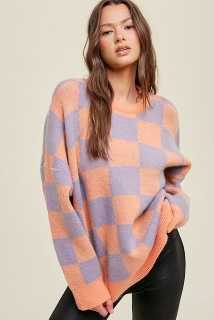 Grapefruit Orange Ribbed Trim Checkered Pattern Knit Baggy Sweater