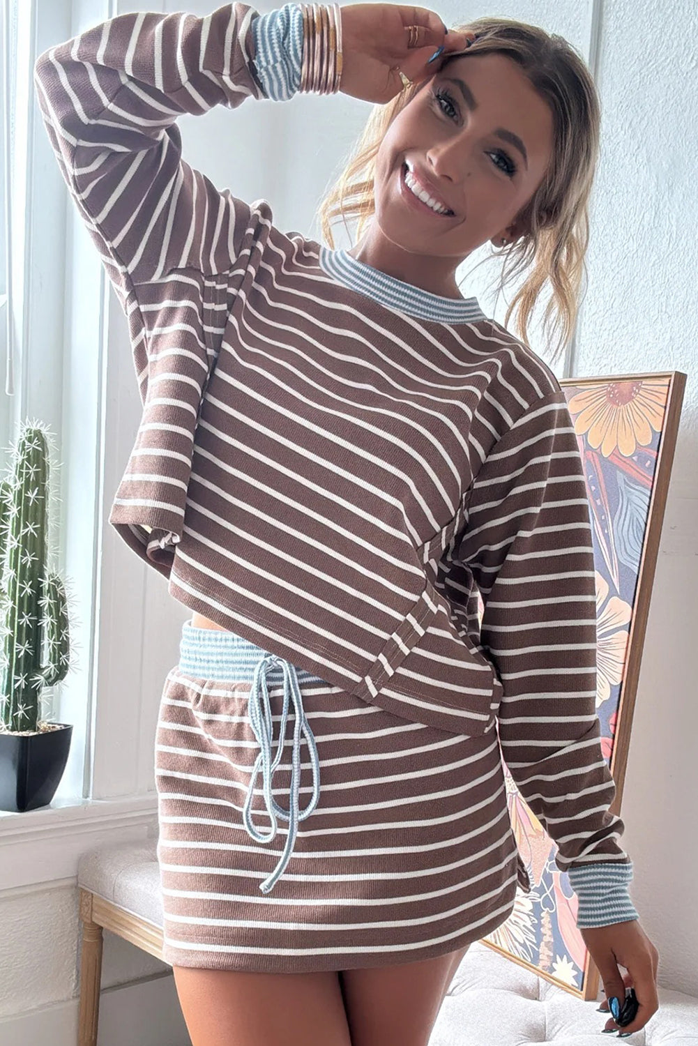 Brown Stripe Contrast Webbing Patchwork Cropped Long Sleeve Top Drawstring Mini Skirt Set