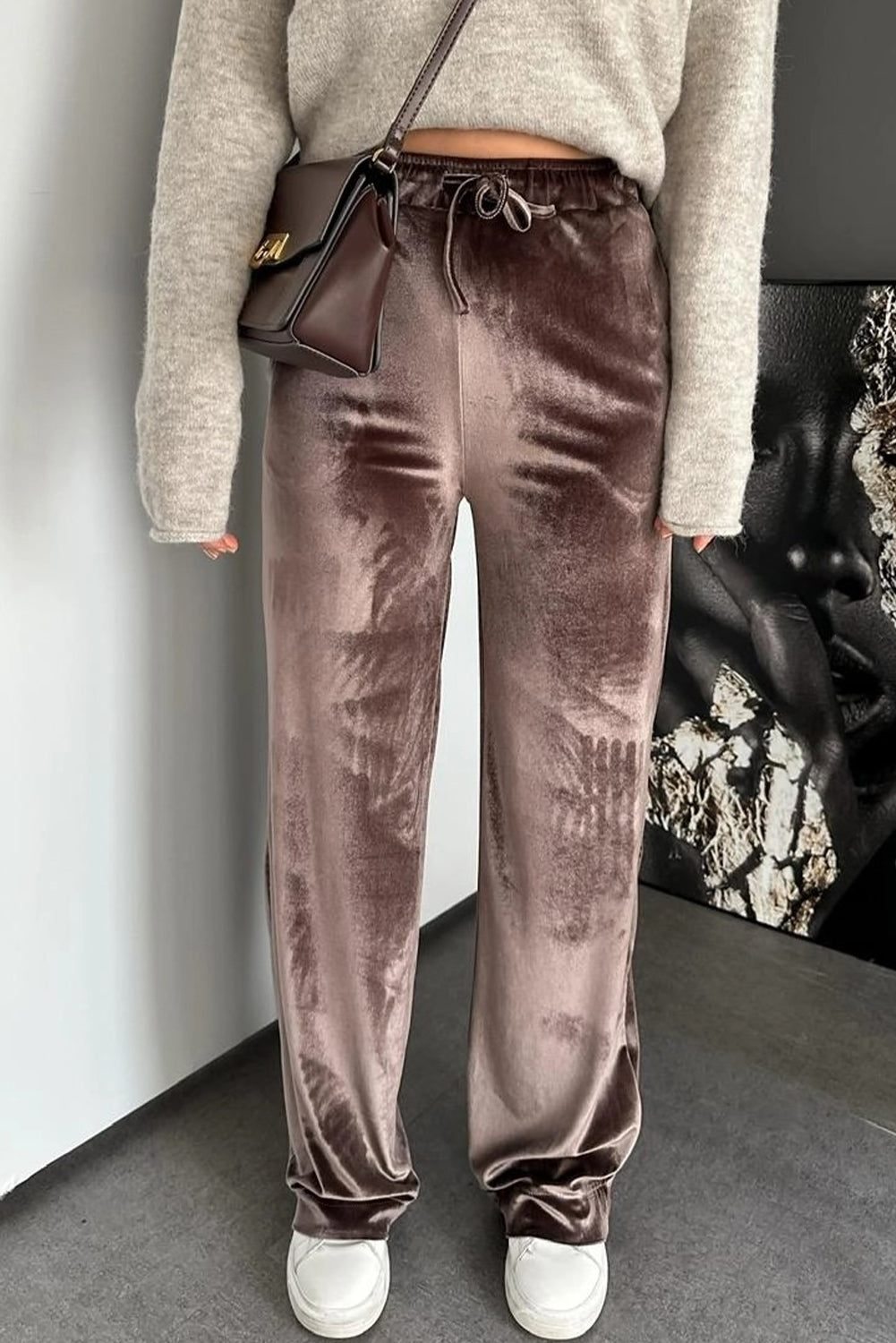 Goat Shiny Velvet Drawstring High Waist Straight Leg Casual Pants