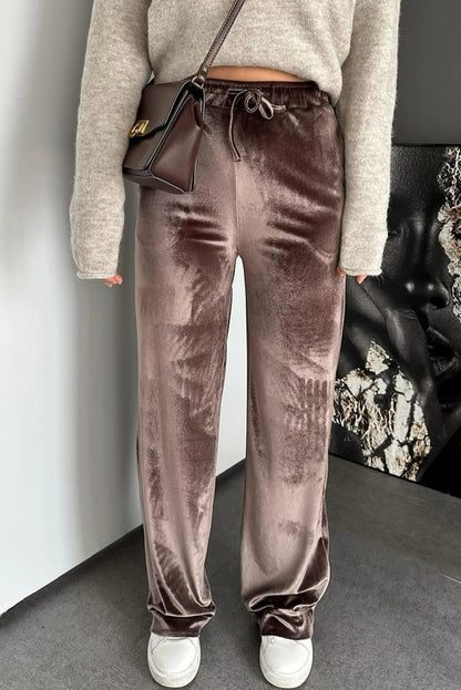 Goat Shiny Velvet Drawstring High Waist Straight Leg Casual Pants
