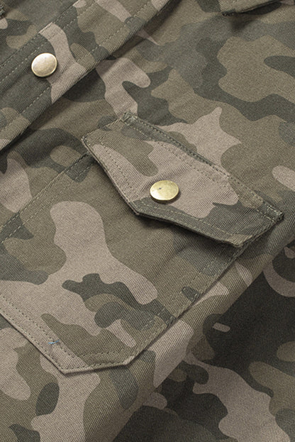 Green Camouflage Print Utility Jacket with Button Closure and Multiple Pockets