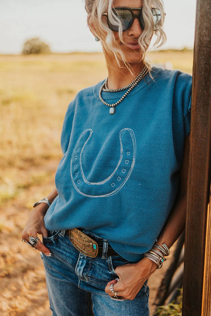 Light Blue Horse Shoe Embroidered Loose Short Sleeve Sweater