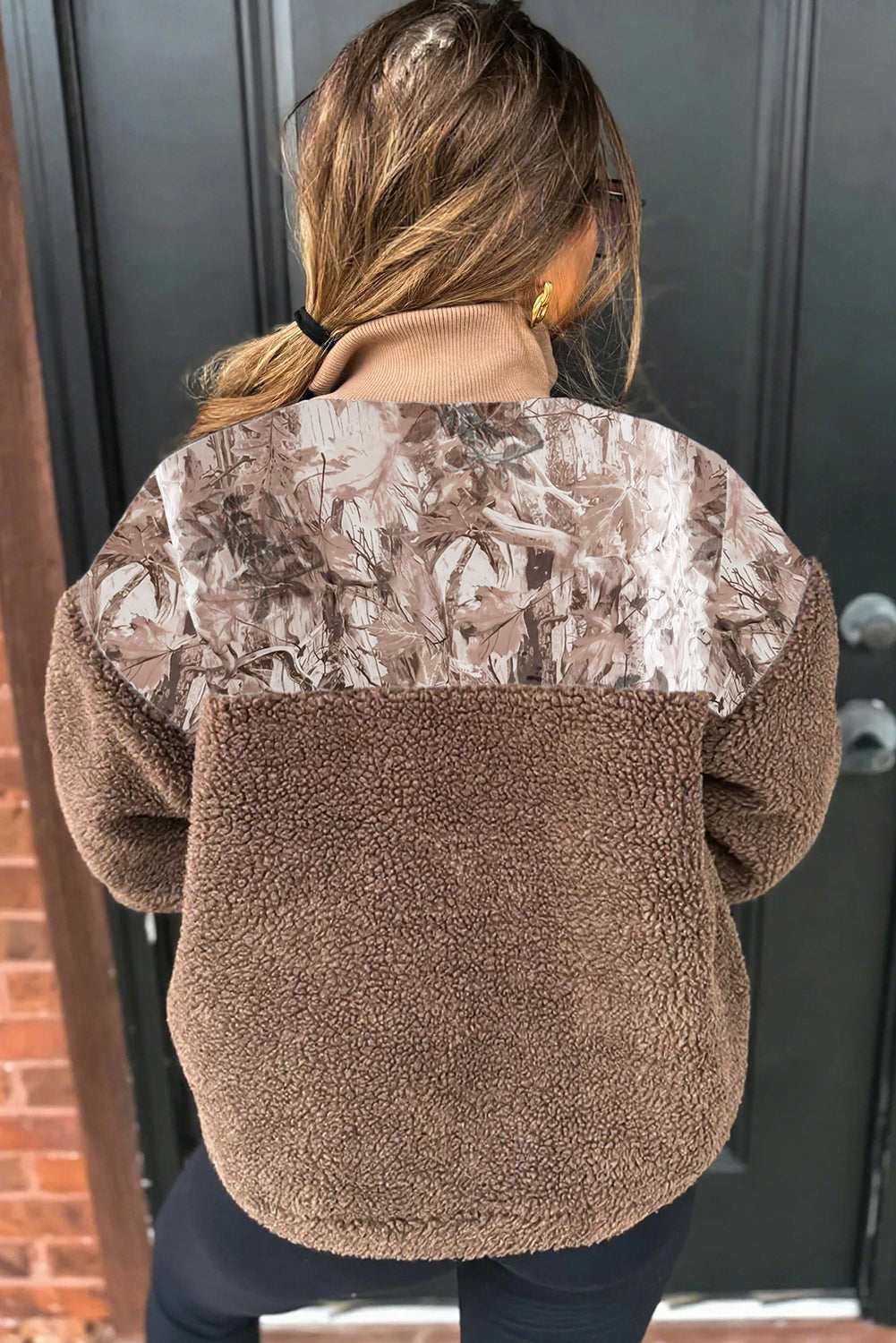 Dark Brown Camo/Plant Print Patchwork Sherpa Jacket with Zipper