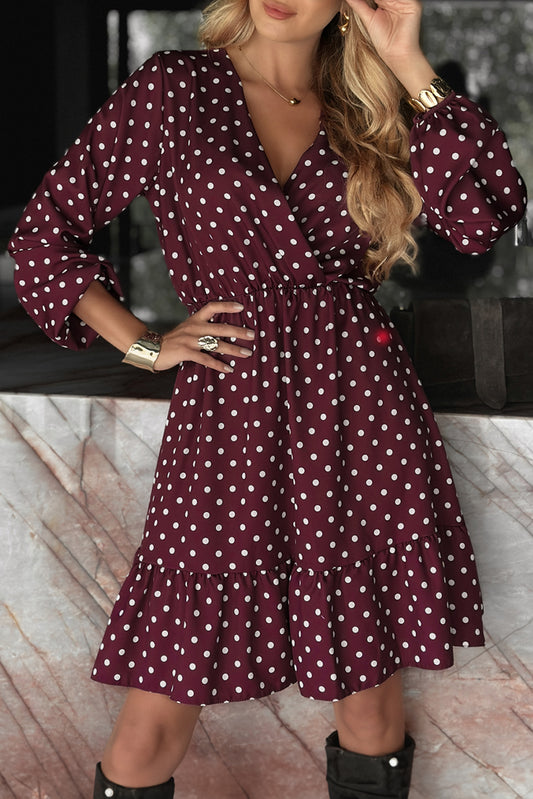 Violet Polka Dot Long Sleeve Wrap V Neck Ruffle Hem Mini Dress