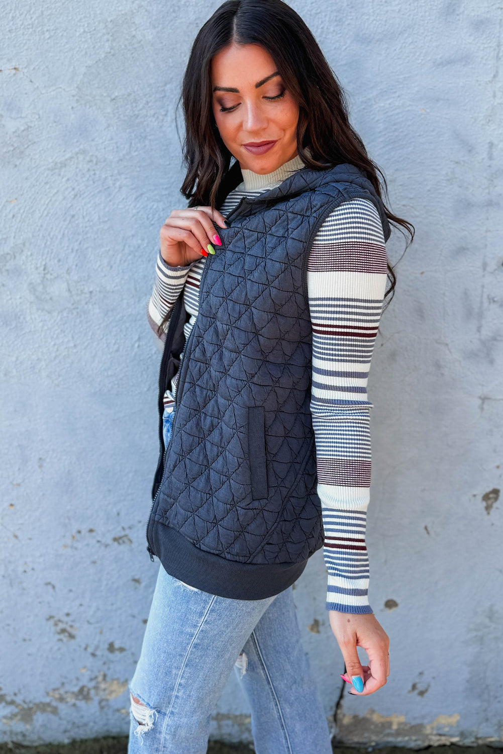 Dark Grey Quilted Texture Zip Up Hooded Vest