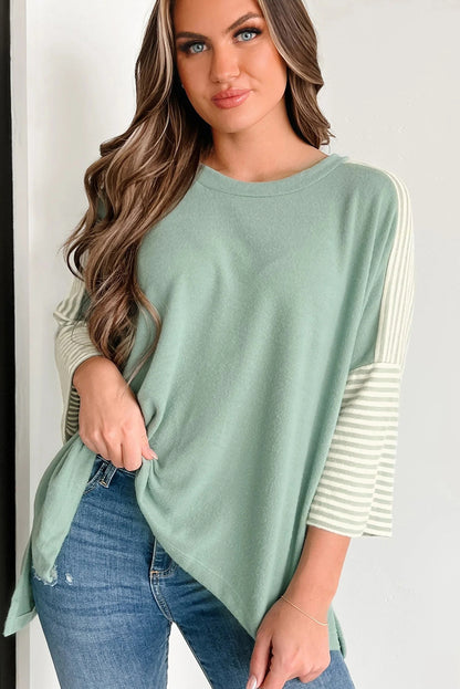 Clearly Aqua Striped Bracelet Sleeve Patchwork Oversize Tee