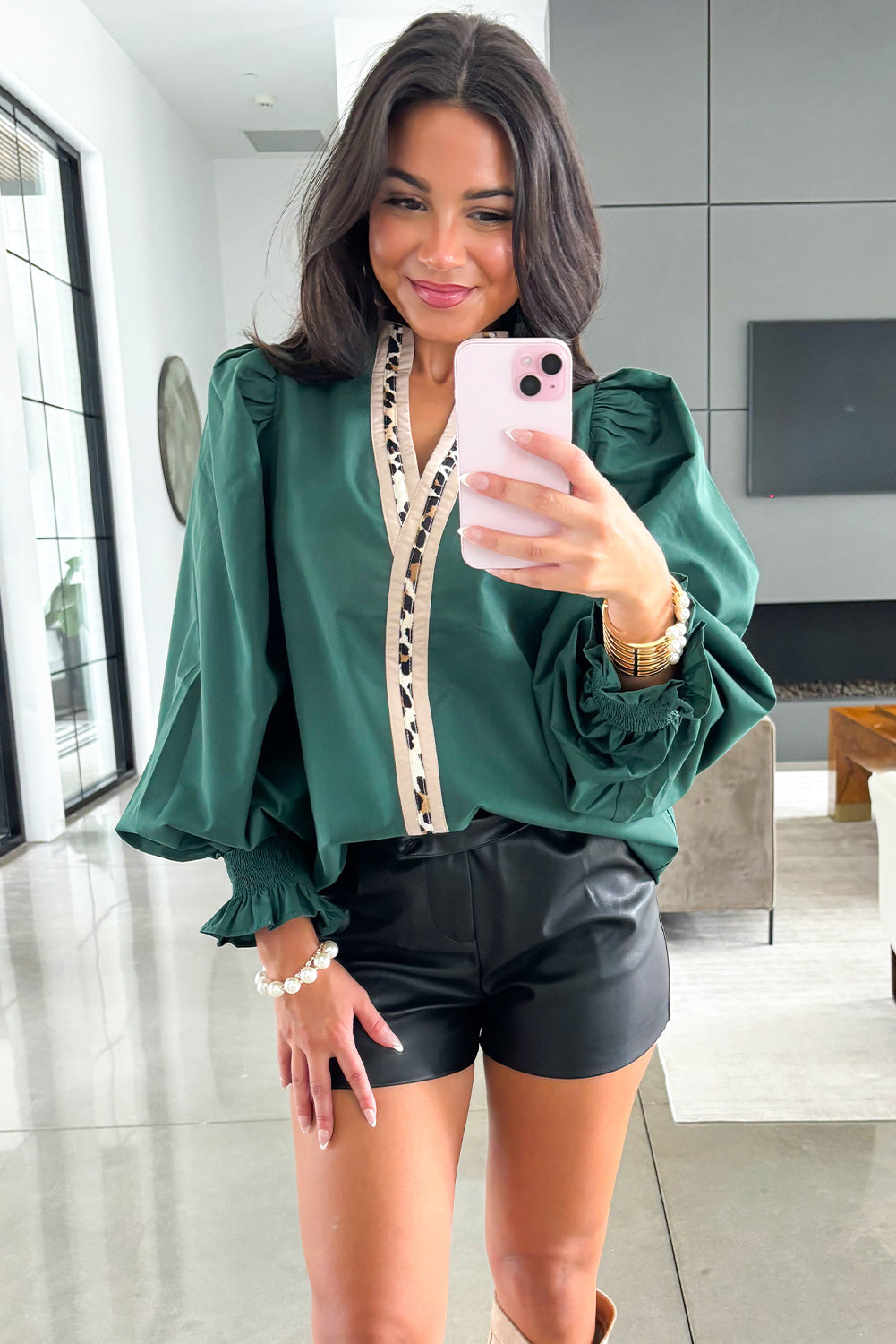 Evergreen Puffy Flounce Sleeve Leopard Trim V Neck Blouse