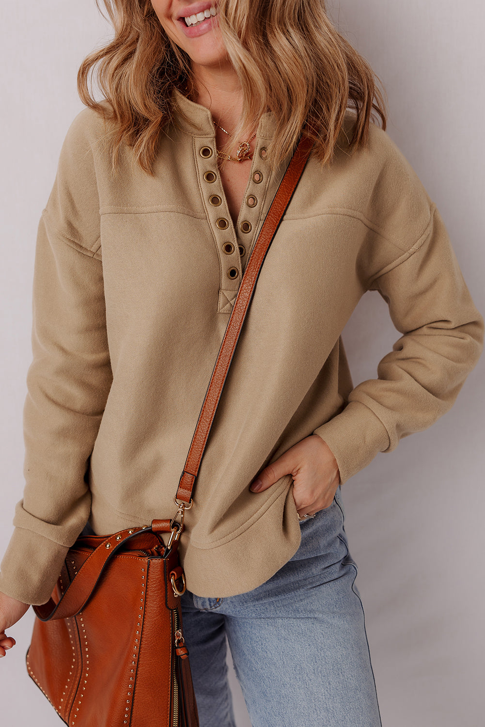 Light French Beige Grommet Detail V Neck Sweatshirt