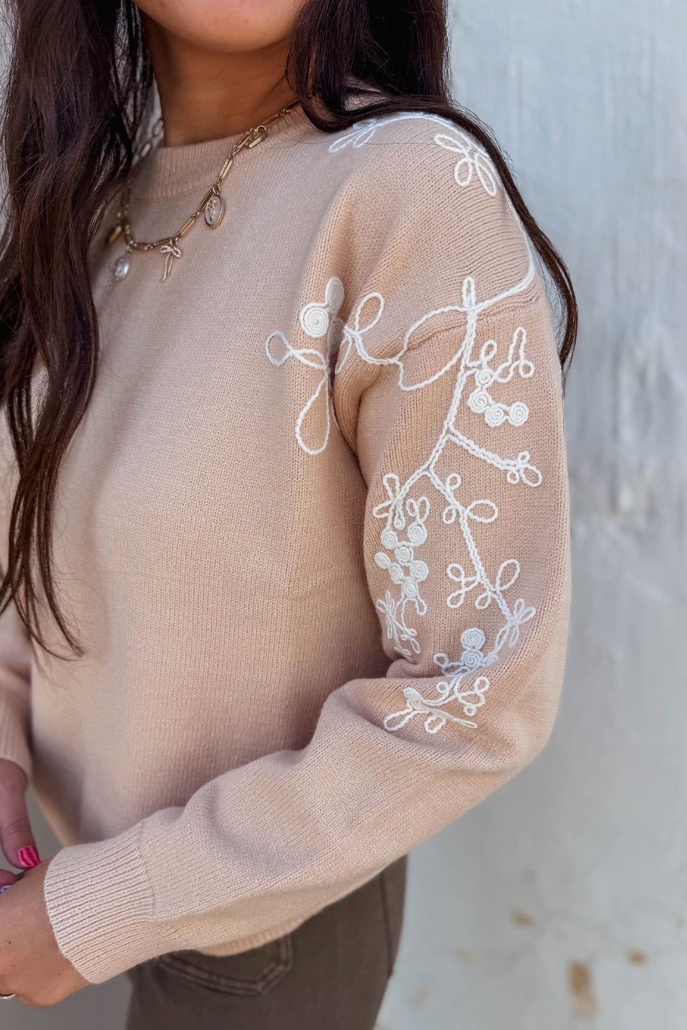 Parchment Contrast Embroidered Sleeve Ribbed Trim Casual Sweater