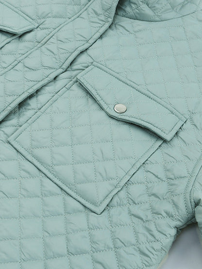 Green Quilted Zip-up Cropped Jacket with Chic Pockets