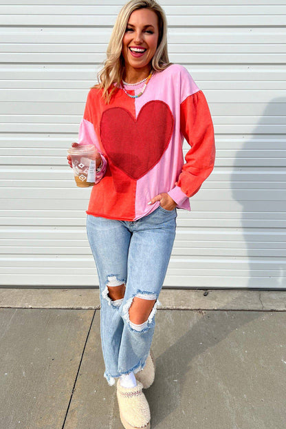 Fiery Red Big Heart Patched Color Block Patchwork Drop Shoulder Long Sleeve Top