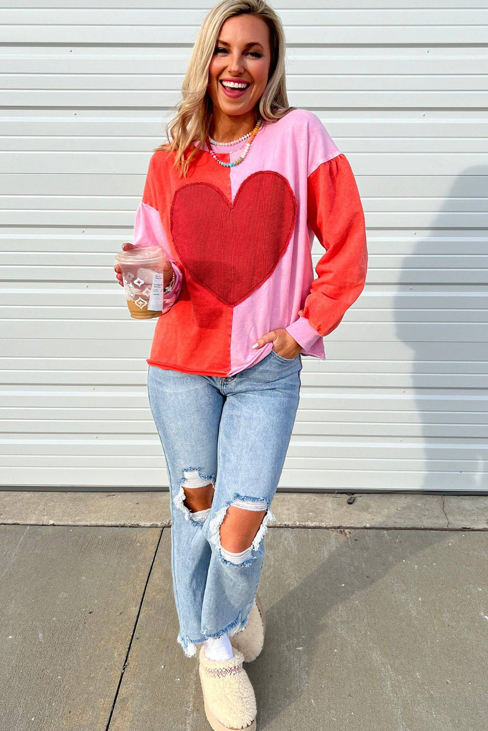 Fiery Red Big Heart Patched Color Block Patchwork Drop Shoulder Long Sleeve Top