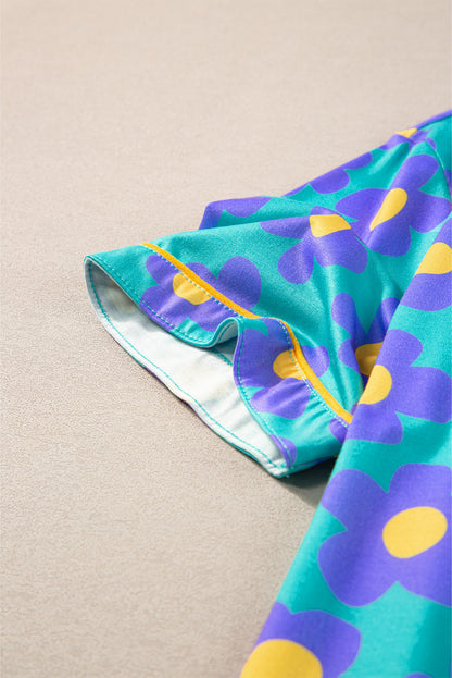 Green Floral Print V-Neck Short Sleeve Pajama Set