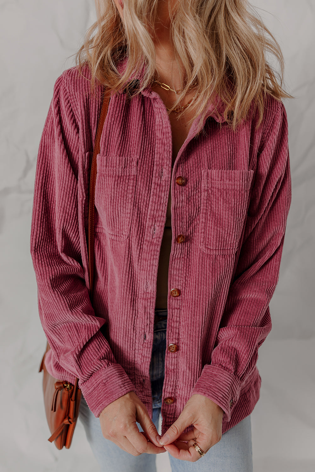 Pitaya Pink Double Patch Pocket Button Down Corduroy Shacket