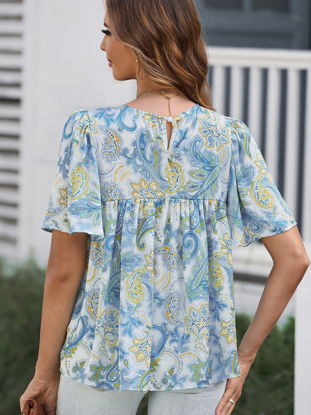 Elegant Sky Blue Paisley Pattern Flowy Blouse with Wide Sleeves
