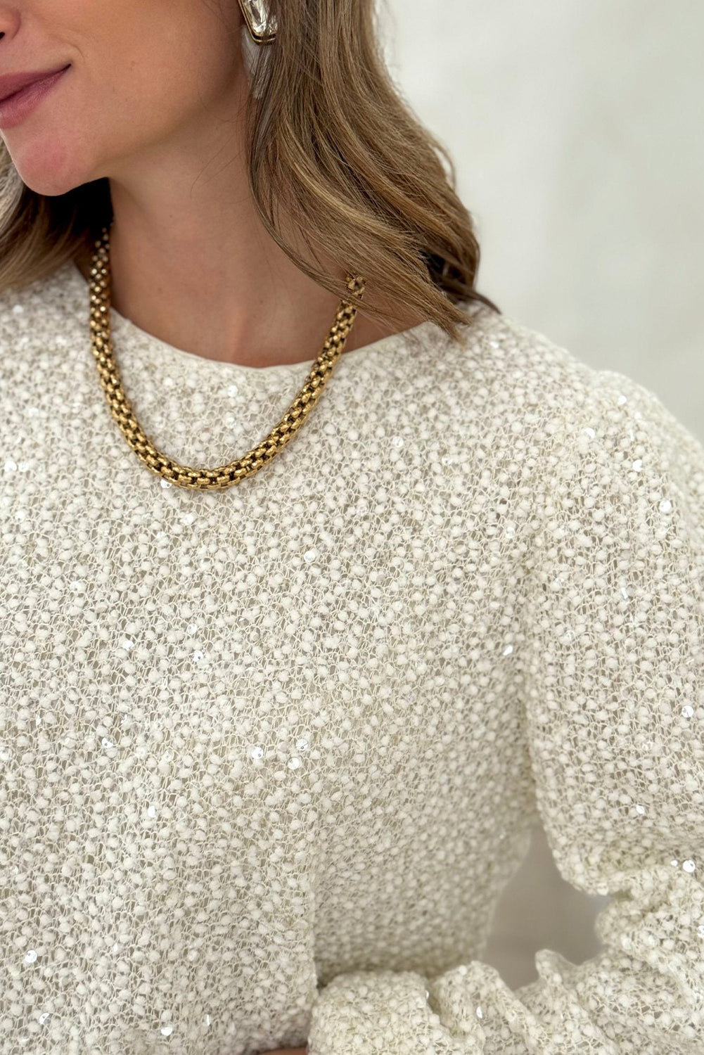 Beige Sequin Textured Puff Sleeve Top