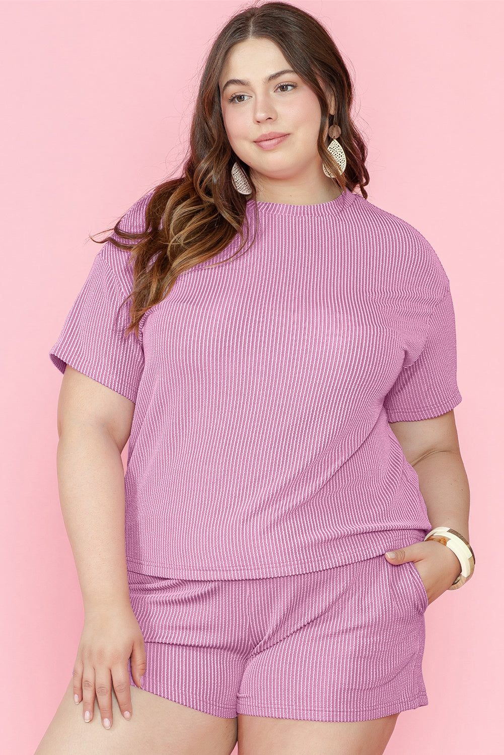 Ribbed Knit Pink Lounge Set for Plus Size Women
