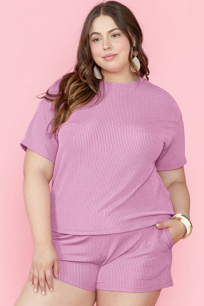 Ribbed Knit Pink Lounge Set for Plus Size Women