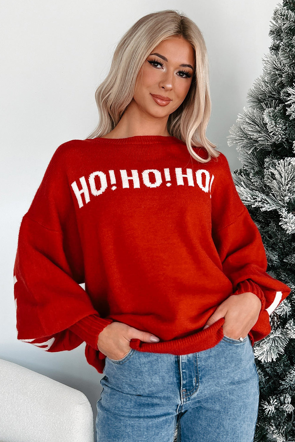 Fiery Red MERRY CHRISTMAS HO HO HO Drop Shoulder Loose Sweater