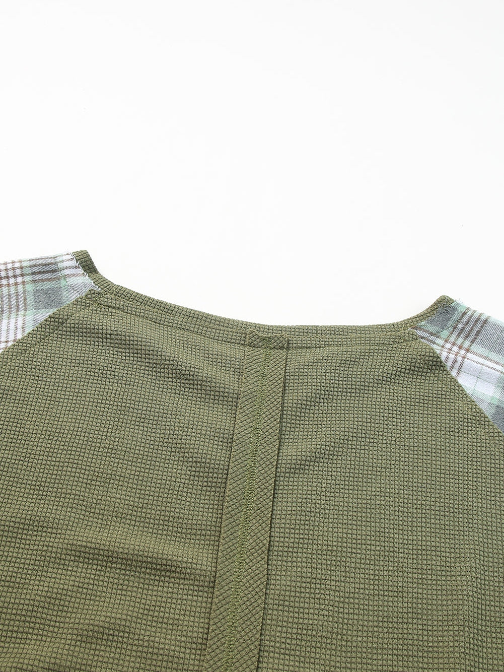 Green Plaid Bubble Sleeve Waffle Knit Patchwork Top