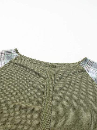 Green Plaid Bubble Sleeve Waffle Knit Patchwork Top