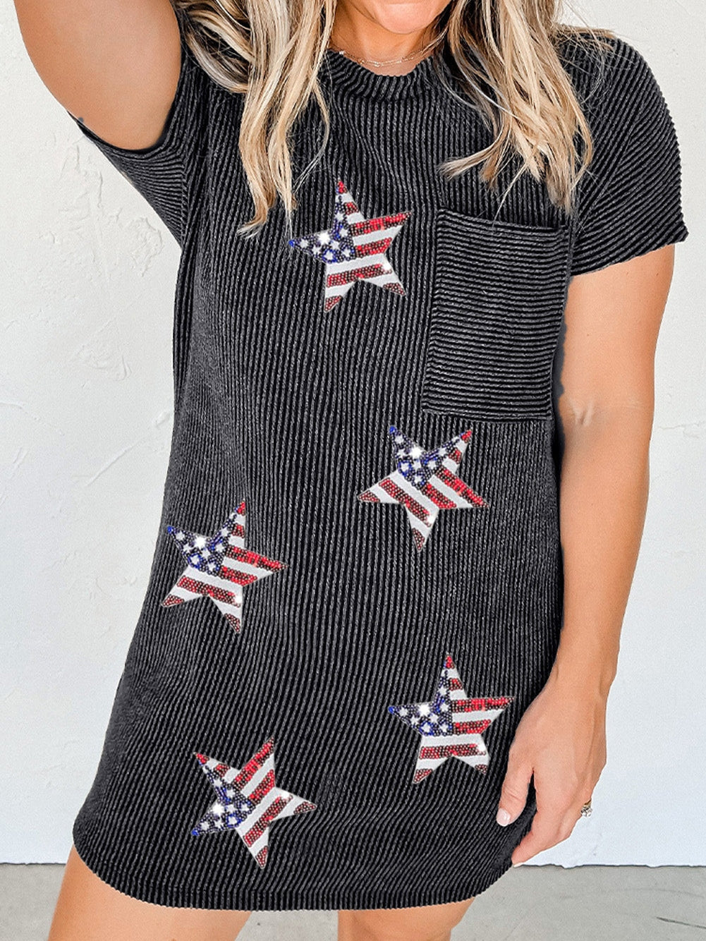 Shimmering Gray Sequin Stars Ribbed Shift Dress with Flag Detail