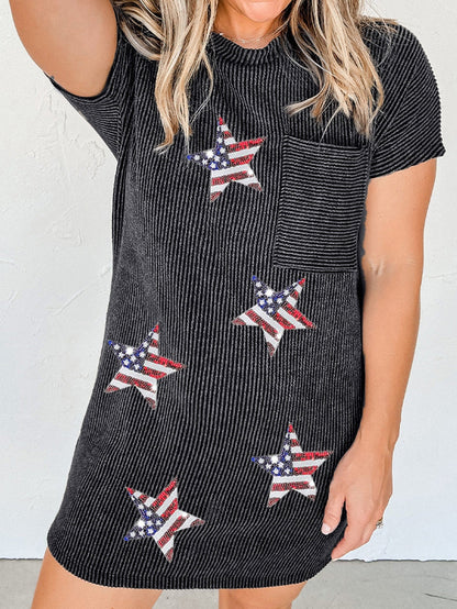 Shimmering Gray Sequin Stars Ribbed Shift Dress with Flag Detail