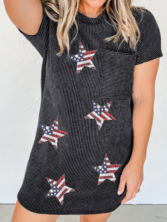 Shimmering Gray Sequin Stars Ribbed Shift Dress with Flag Detail