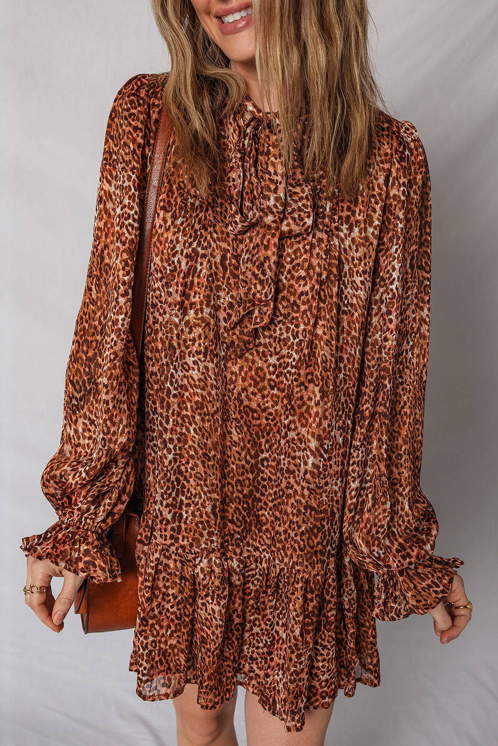 Brown Leopard Print Tie Neck Ruffled Long Sleeve Loose Fit Mini Dress