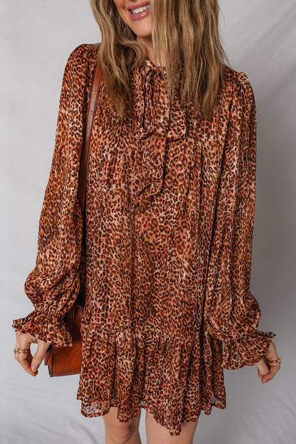 Brown Leopard Print Tie Neck Ruffled Long Sleeve Loose Fit Mini Dress